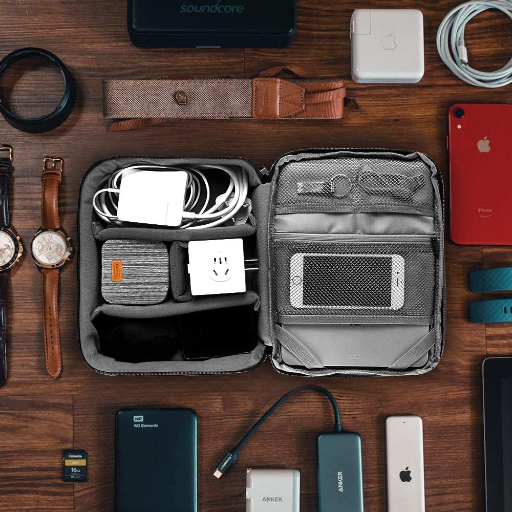 Travel Organizer, Waterproof Cable Bag for Electronic Accessories Double Layer Large Shockproof Storage Bag for Cord, Hard Disk, Power Bank, Tablet -Gray