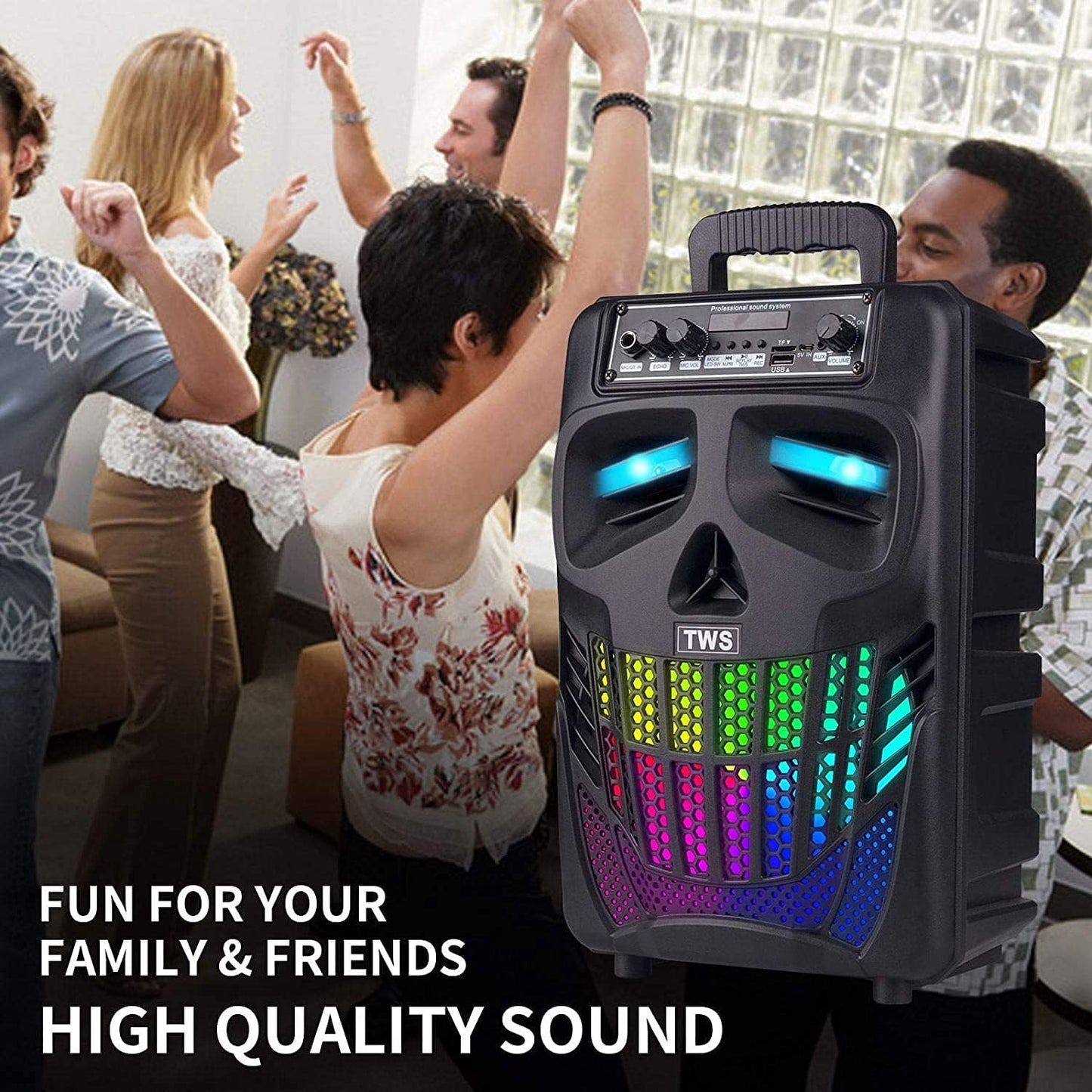 Portable Bluetooth Speaker with Subwoofer Wireless Speakers Outdoor/Indoor Big Support Remote Control FM Radio TF Card LED Lights MP3 Player Party for Home Camping Iphone Computer PC (B-S08)