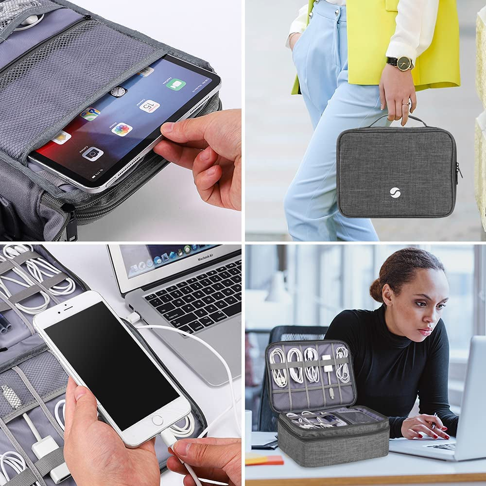 Travel Organizer, Waterproof Cable Bag for Electronic Accessories Double Layer Large Shockproof Storage Bag for Cord, Hard Disk, Power Bank, Tablet -Gray