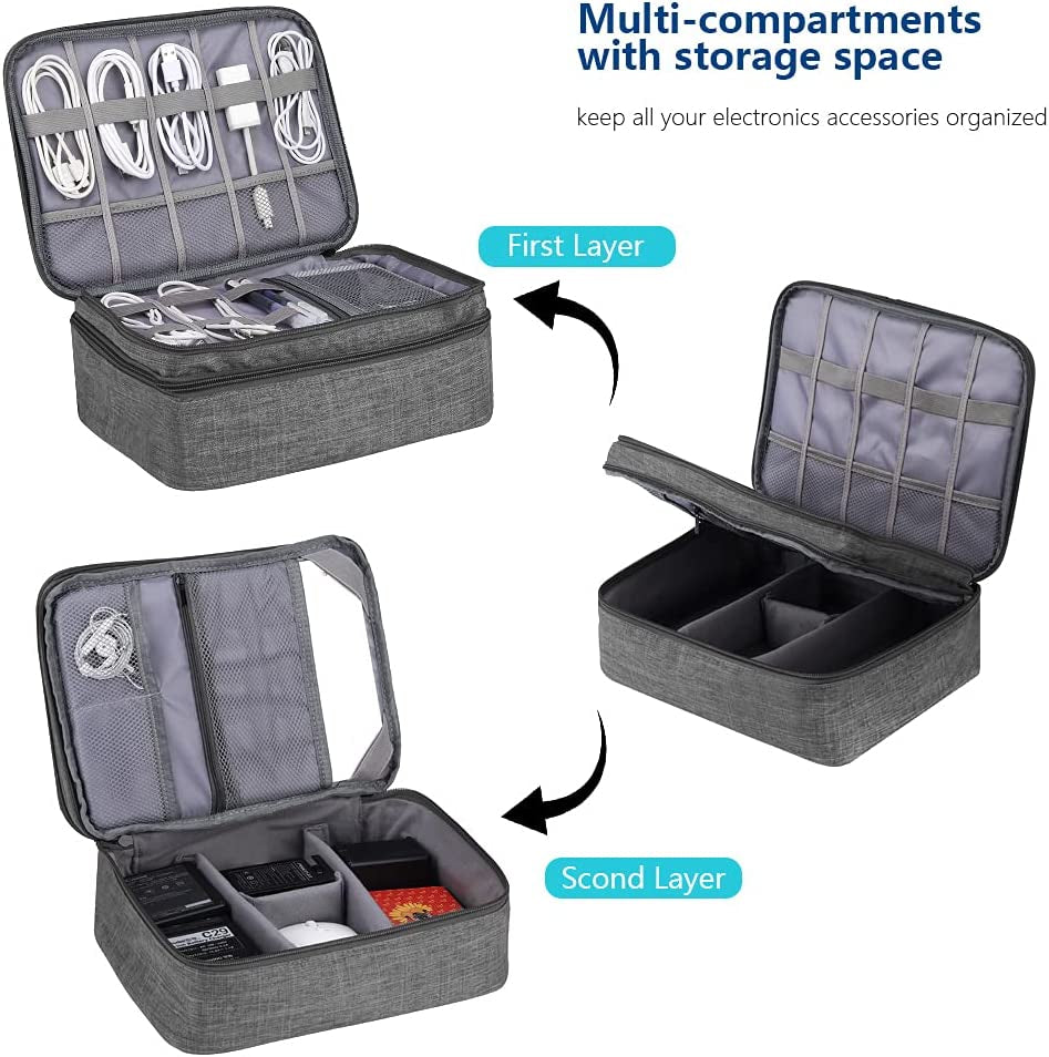 Travel Organizer, Waterproof Cable Bag for Electronic Accessories Double Layer Large Shockproof Storage Bag for Cord, Hard Disk, Power Bank, Tablet -Gray