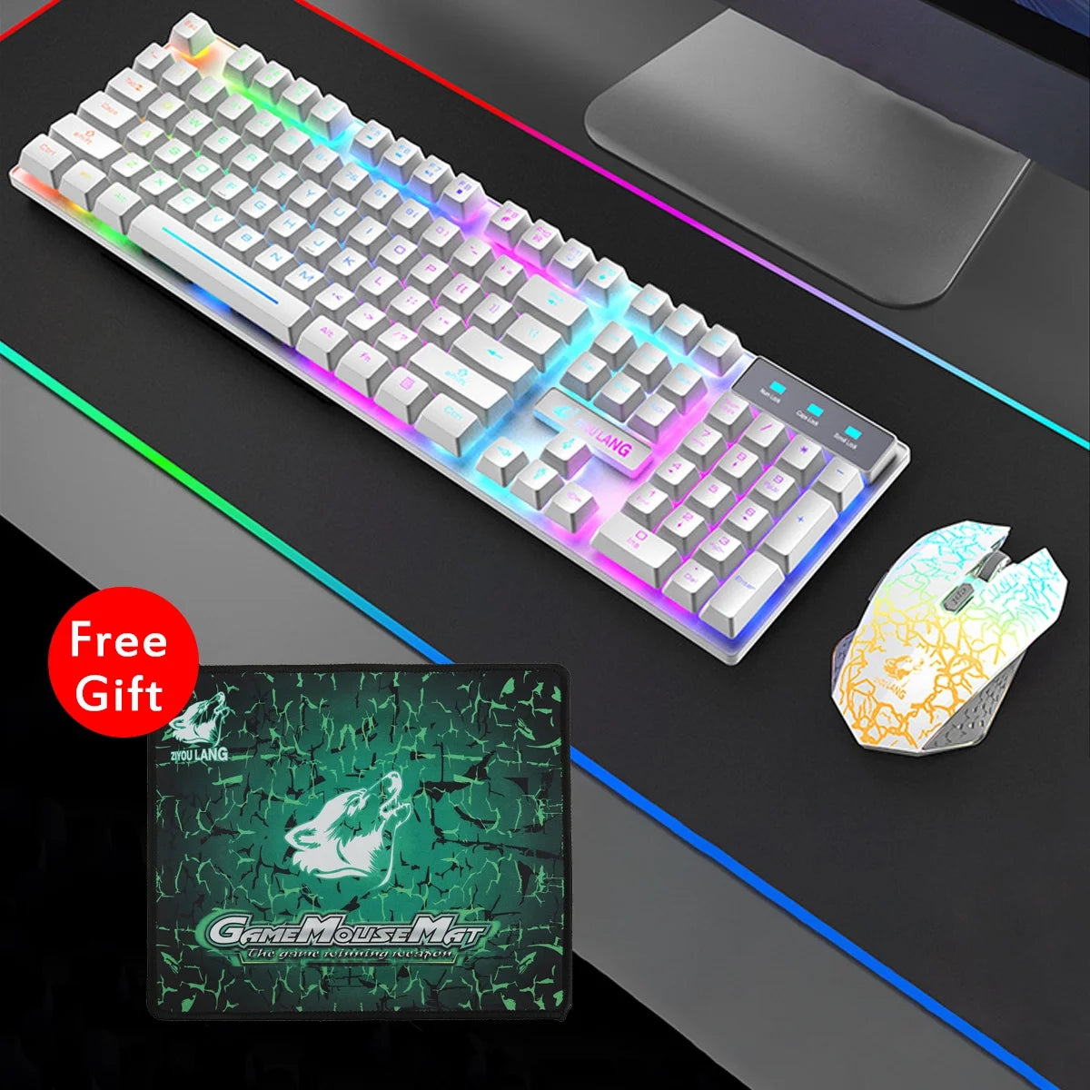 Wireless Gaming Keyboard and Mouse Combo with Mouse Pad, Rainbow LED Backlit Rechargeable Battery Mechanical Ergonomic Feel Dustproof 7 Color Backlit Mute Mice for Computer for Mac for PC Gamer