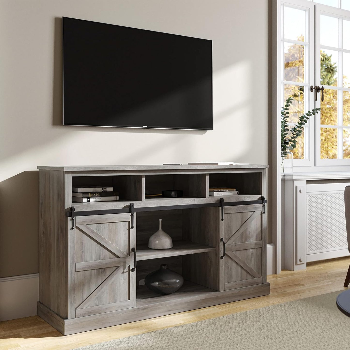 Modern 52 Inch Farmhouse Highboy TV Stand & Media Entertainment Center Console Table for Tvs up to 55 Inch with Sliding Barn Door and Storage Cabinets - Parker (Gray Wash)