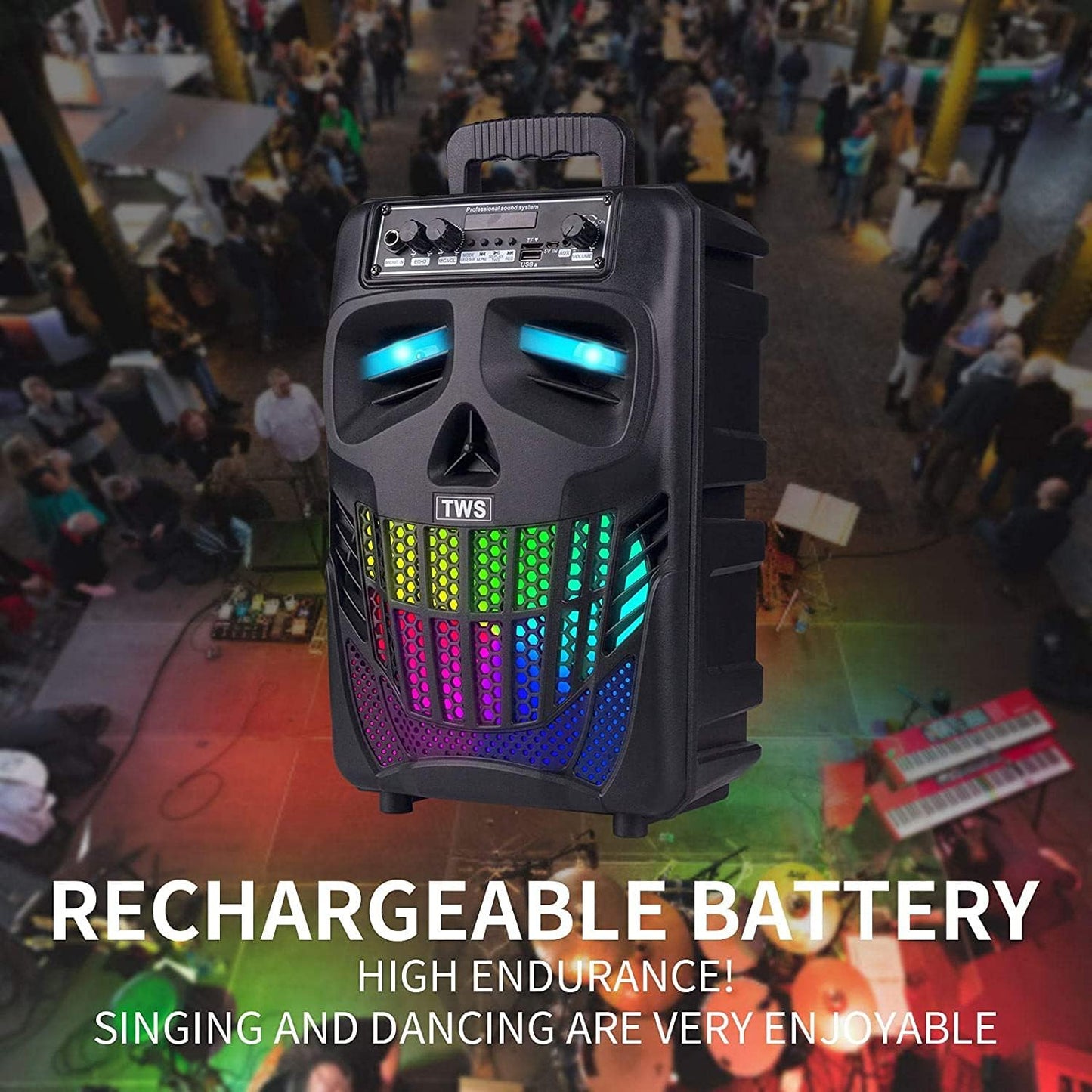 Portable Bluetooth Speaker with Subwoofer Wireless Speakers Outdoor/Indoor Big Support Remote Control FM Radio TF Card LED Lights MP3 Player Party for Home Camping Iphone Computer PC (B-S08)