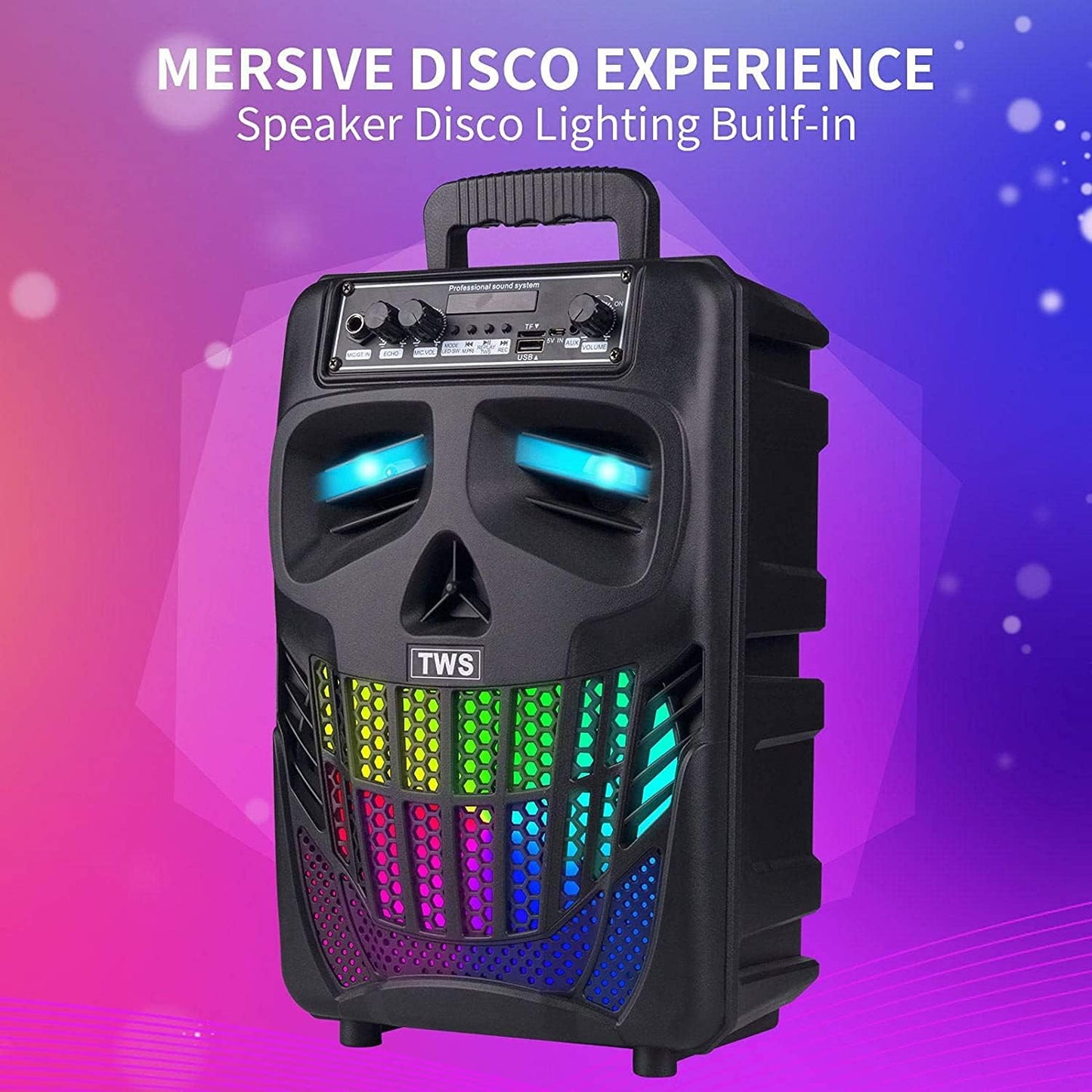 Portable Bluetooth Speaker with Subwoofer Wireless Speakers Outdoor/Indoor Big Support Remote Control FM Radio TF Card LED Lights MP3 Player Party for Home Camping Iphone Computer PC (B-S08)