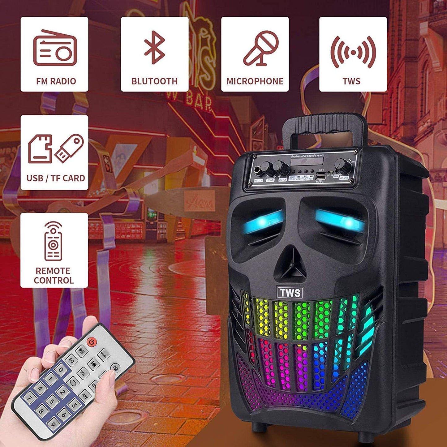 Portable Bluetooth Speaker with Subwoofer Wireless Speakers Outdoor/Indoor Big Support Remote Control FM Radio TF Card LED Lights MP3 Player Party for Home Camping Iphone Computer PC (B-S08)