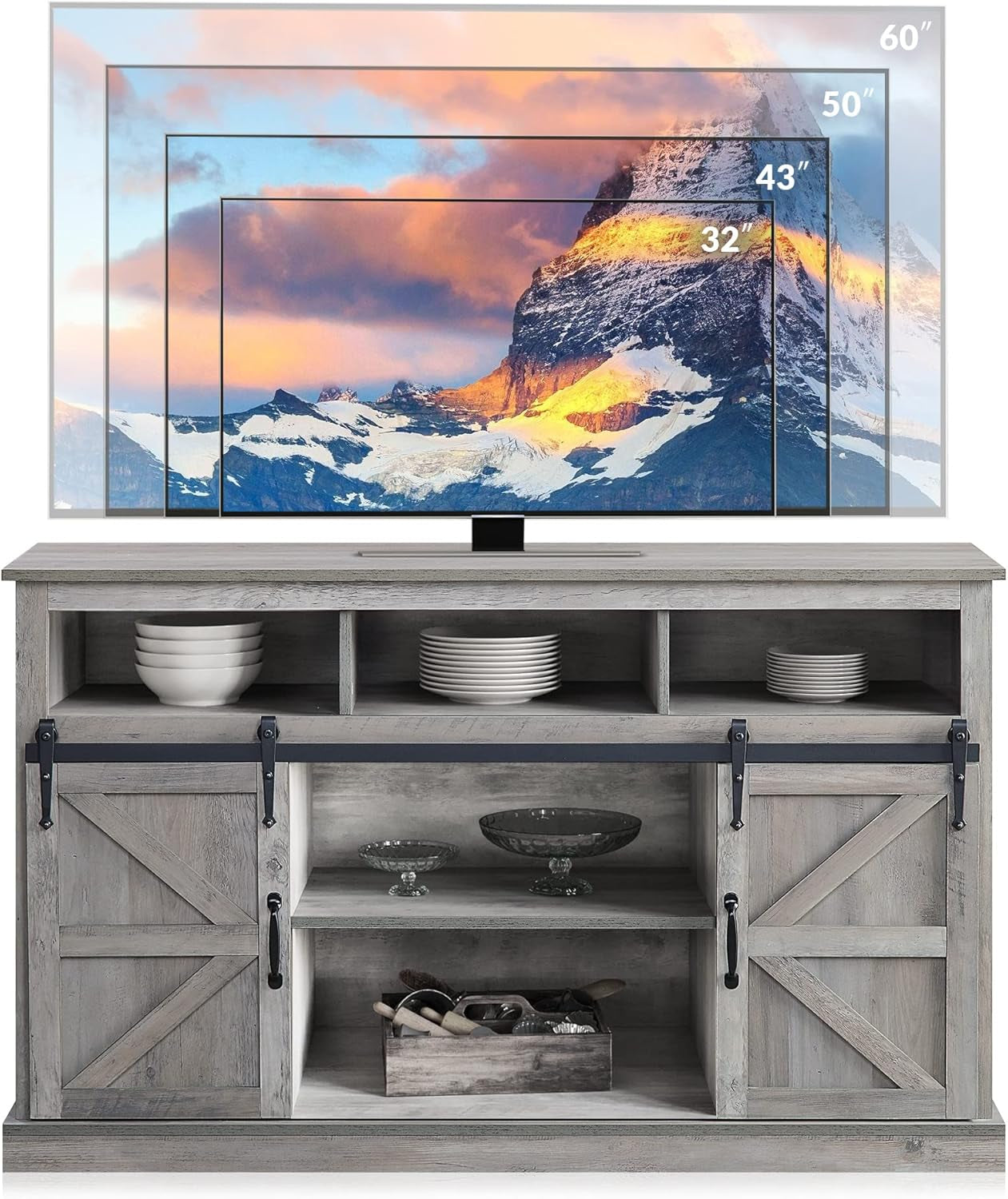 Modern 52 Inch Farmhouse Highboy TV Stand & Media Entertainment Center Console Table for Tvs up to 55 Inch with Sliding Barn Door and Storage Cabinets - Parker (Gray Wash)
