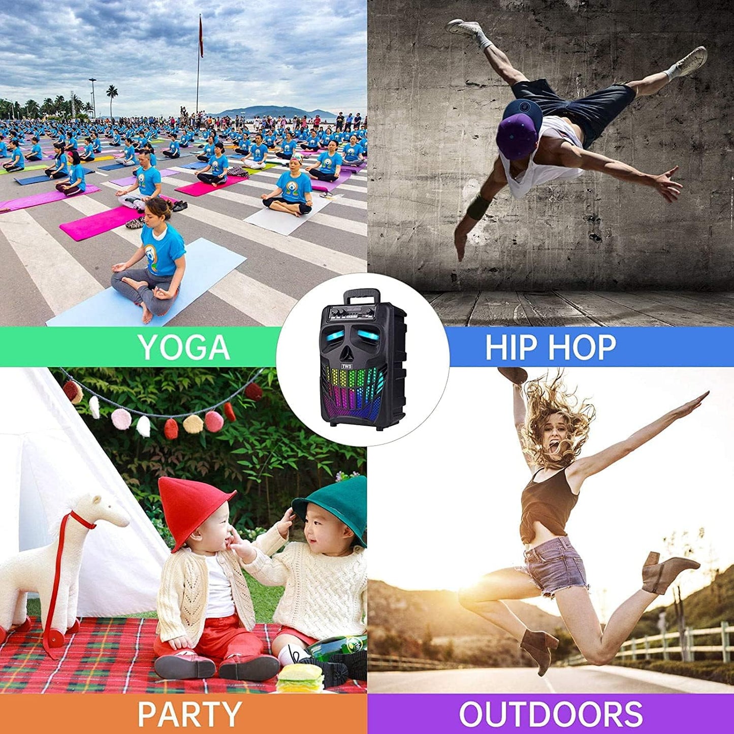 Portable Bluetooth Speaker with Subwoofer Wireless Speakers Outdoor/Indoor Big Support Remote Control FM Radio TF Card LED Lights MP3 Player Party for Home Camping Iphone Computer PC (B-S08)