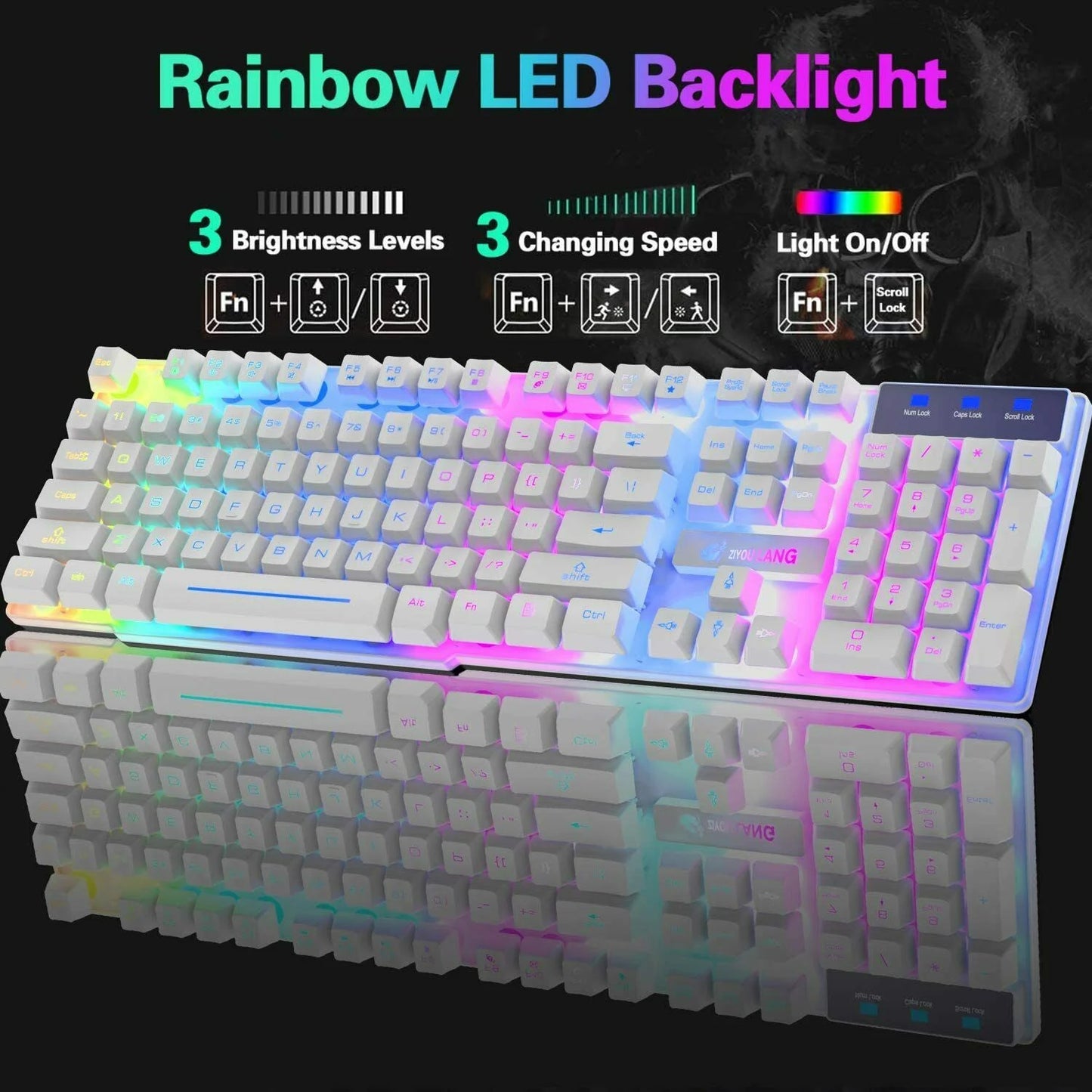 Wireless Gaming Keyboard and Mouse Combo with Mouse Pad, Rainbow LED Backlit Rechargeable Battery Mechanical Ergonomic Feel Dustproof 7 Color Backlit Mute Mice for Computer for Mac for PC Gamer