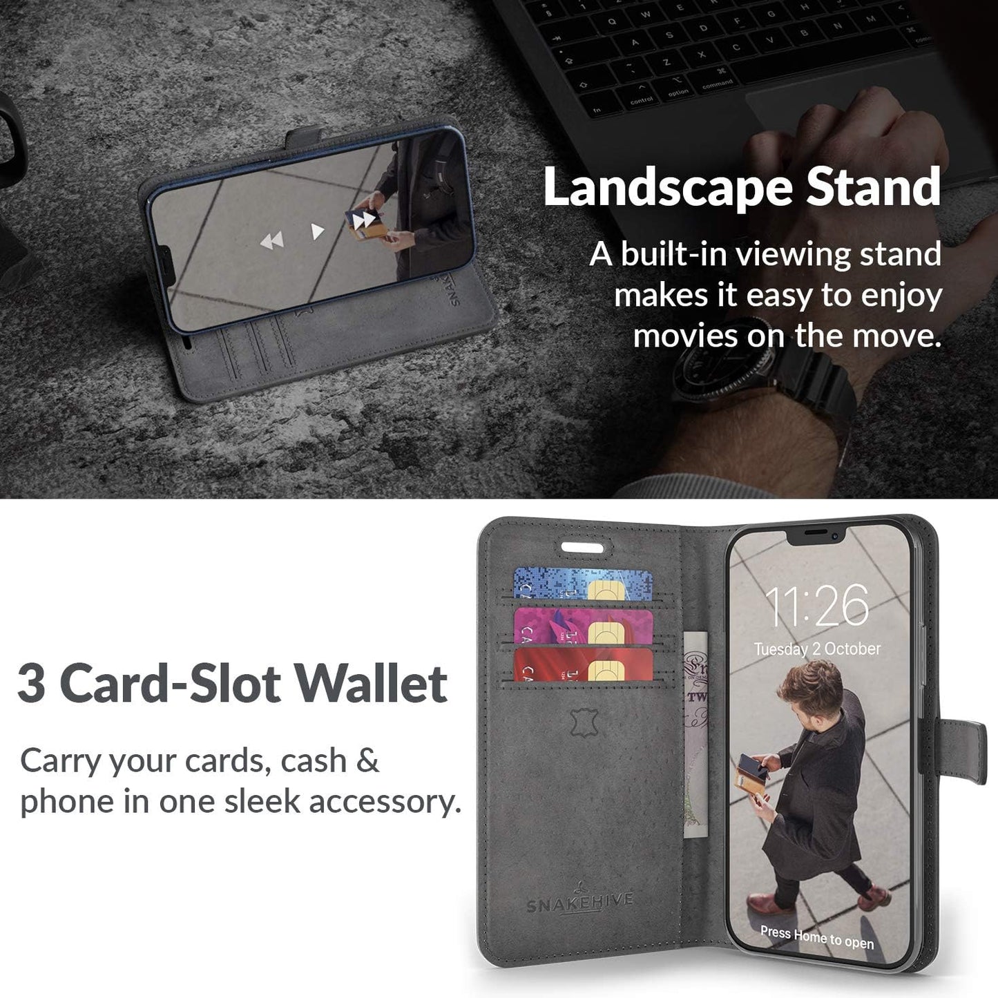 Leather Wallet for Iphone 12 || Genuine Leather Wallet Phone Case || Real Leather with Viewing Stand & 3 Card Holder || Flip Folio Cover with Card Slot (Grey)