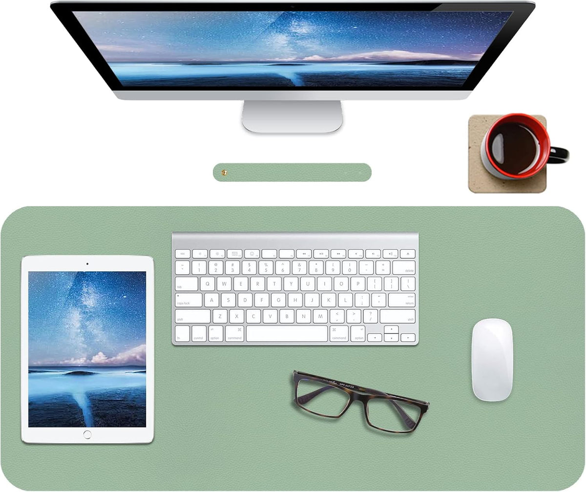 Leather Desk Pad Protector,Non-Slip Mouse Pad,Laptop Desk Pad,Office Mouse Mat,Waterproof Leather Desk Blotter,Desk Writing Pad for Office and Home (M-Green,30"X14")