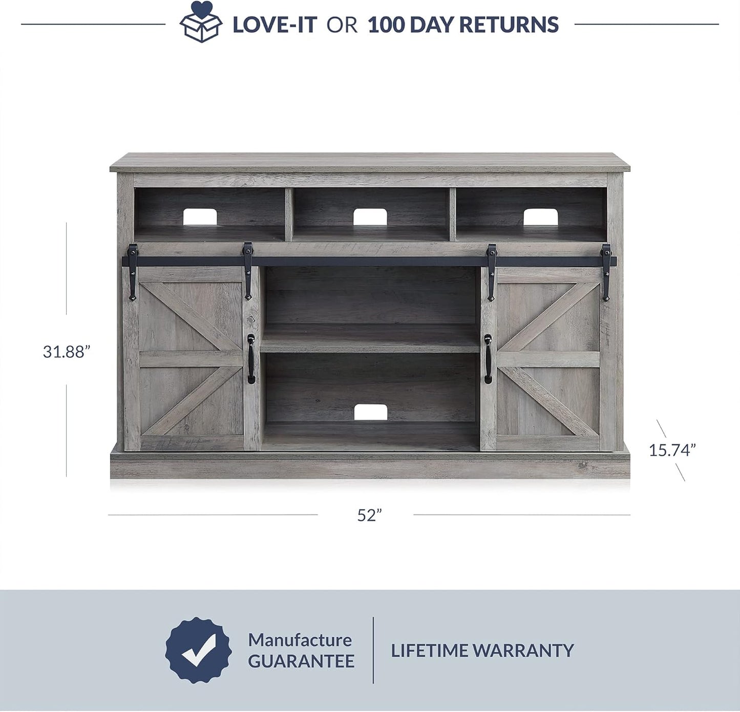 Modern 52 Inch Farmhouse Highboy TV Stand & Media Entertainment Center Console Table for Tvs up to 55 Inch with Sliding Barn Door and Storage Cabinets - Parker (Gray Wash)