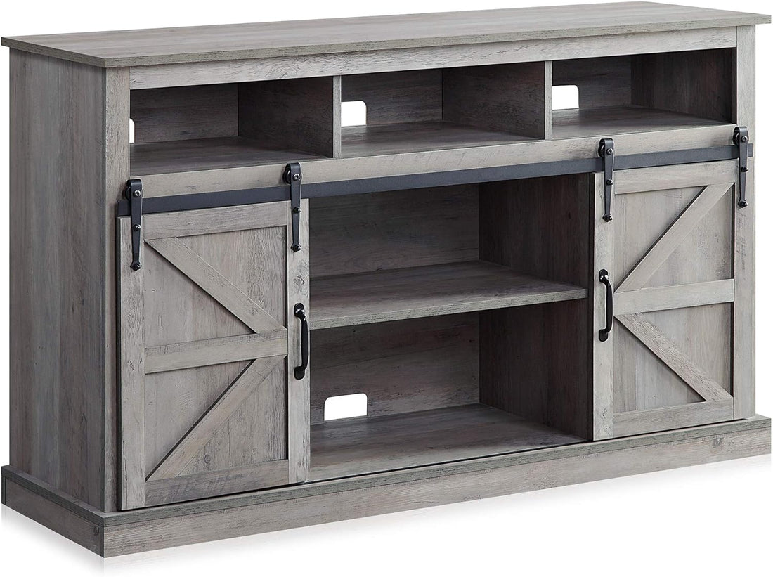 Modern 52 Inch Farmhouse Highboy TV Stand &amp; Media Entertainment Center Console Table for Tvs up to 55 Inch with Sliding Barn Door and Storage Cabinets - Parker (Gray Wash)