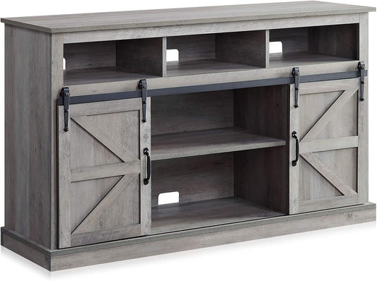 Modern 52 Inch Farmhouse Highboy TV Stand & Media Entertainment Center Console Table for Tvs up to 55 Inch with Sliding Barn Door and Storage Cabinets - Parker (Gray Wash)