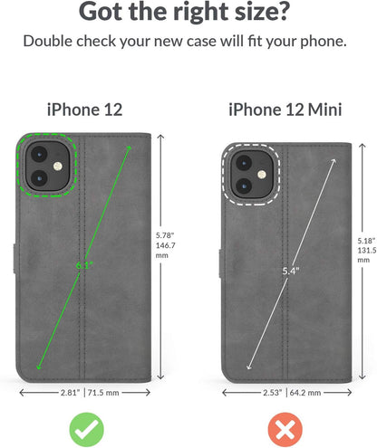 Leather Wallet for Iphone 12 || Genuine Leather Wallet Phone Case || Real Leather with Viewing Stand & 3 Card Holder || Flip Folio Cover with Card Slot (Grey)