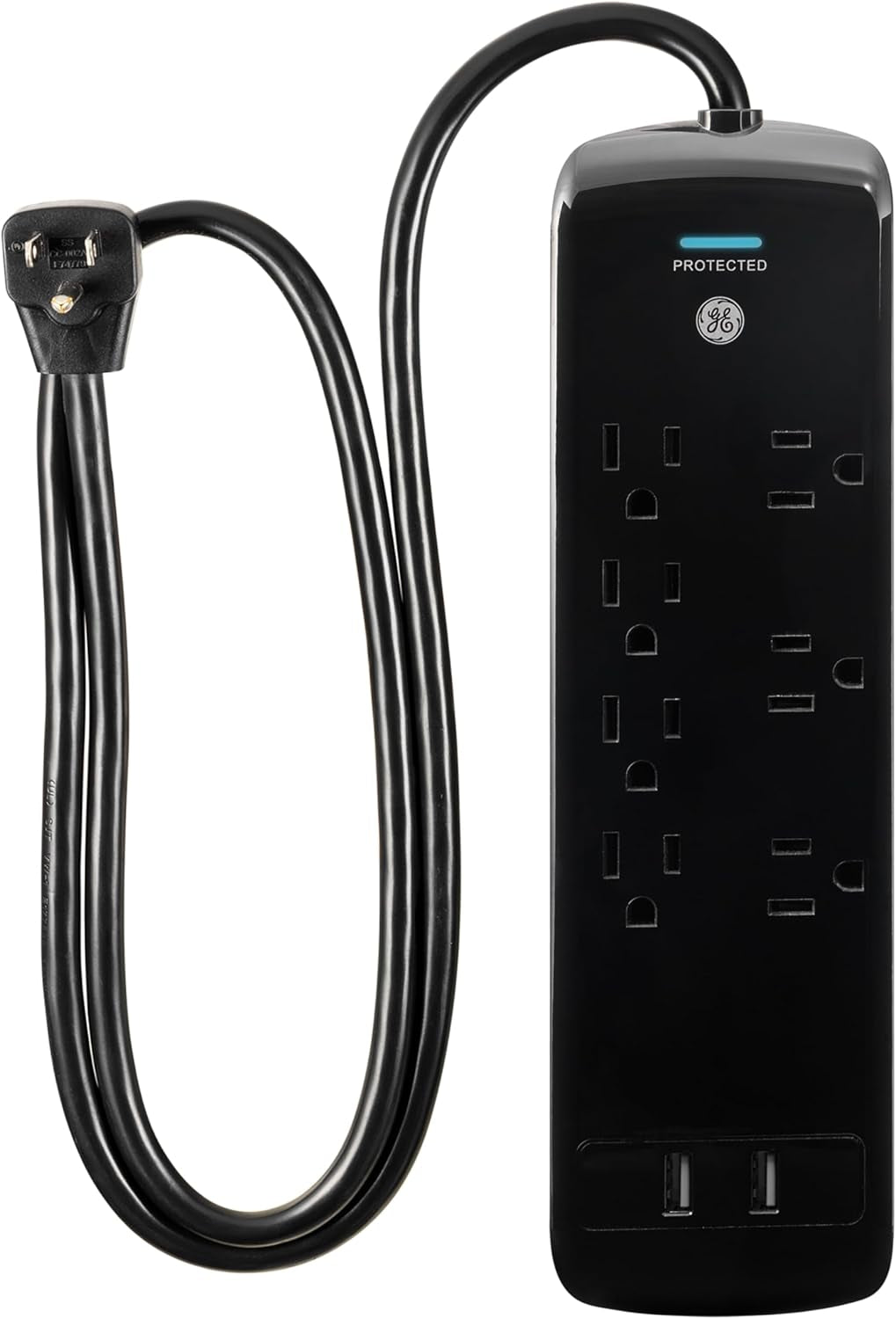 Pro 7-Outlet Sur Protector, 2 USB Ports, 3 Ft Extension Cord, 1780 Joules, 2.1 AMP/10 Watt, 3 Adapter Spaced Outlets, Flat Plug, Wall Mount, Warranty, UL Listed, Black, 37054