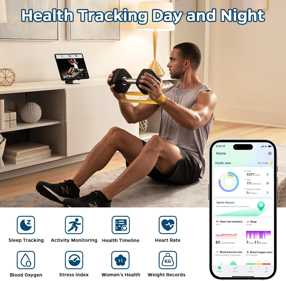 Smart Ring Health Tracker, Sleep Tracker Ring with Heart Rate, Waterproof Fitness Ring for Activity Monitoring/Steps/Distance/Calories, Air Gestures, up to 7-Day Battery, for Ios Android (Black,