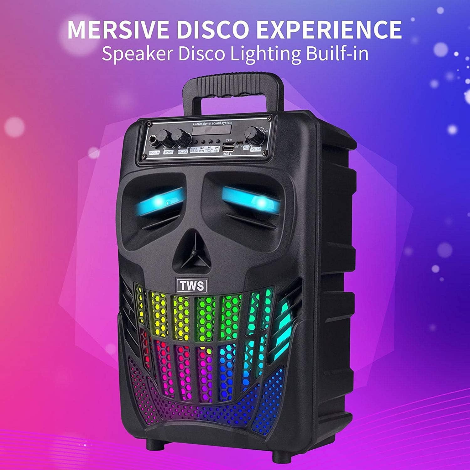 Portable Bluetooth Speaker with Subwoofer Wireless Speakers Outdoor/Indoor Big Support Remote Control FM Radio TF Card LED Lights MP3 Player Party for Home Camping Iphone Computer PC (B-S08)