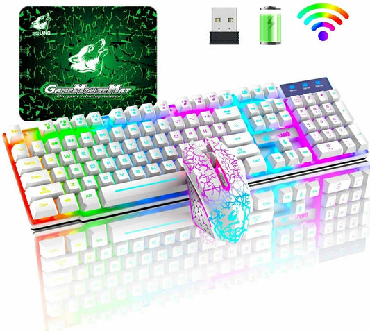 Wireless Gaming Keyboard and Mouse Combo with Mouse Pad, Rainbow LED Backlit Rechargeable Battery Mechanical Ergonomic Feel Dustproof 7 Color Backlit Mute Mice for Computer for Mac for PC Gamer