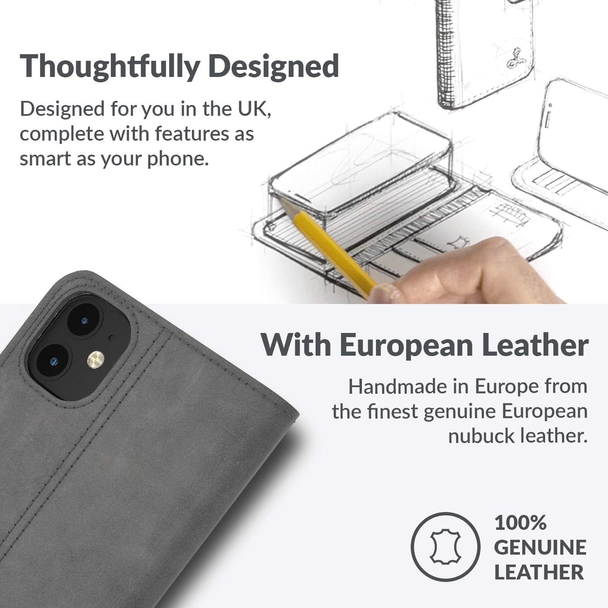 Leather Wallet for Iphone 12 || Genuine Leather Wallet Phone Case || Real Leather with Viewing Stand &amp; 3 Card Holder || Flip Folio Cover with Card Slot (Grey)