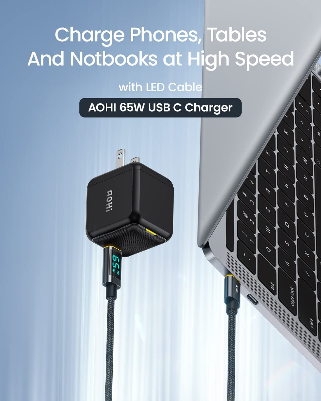 65W PD USB C Charger, Gan+ Magcube Fast Wall Charger Power Adapter with 4Ft USB C LED Display Cable for Notebook Macbook Pro/Air, Galaxy, for Iphone 15/14/Plus/Pro Max/13/12, Black