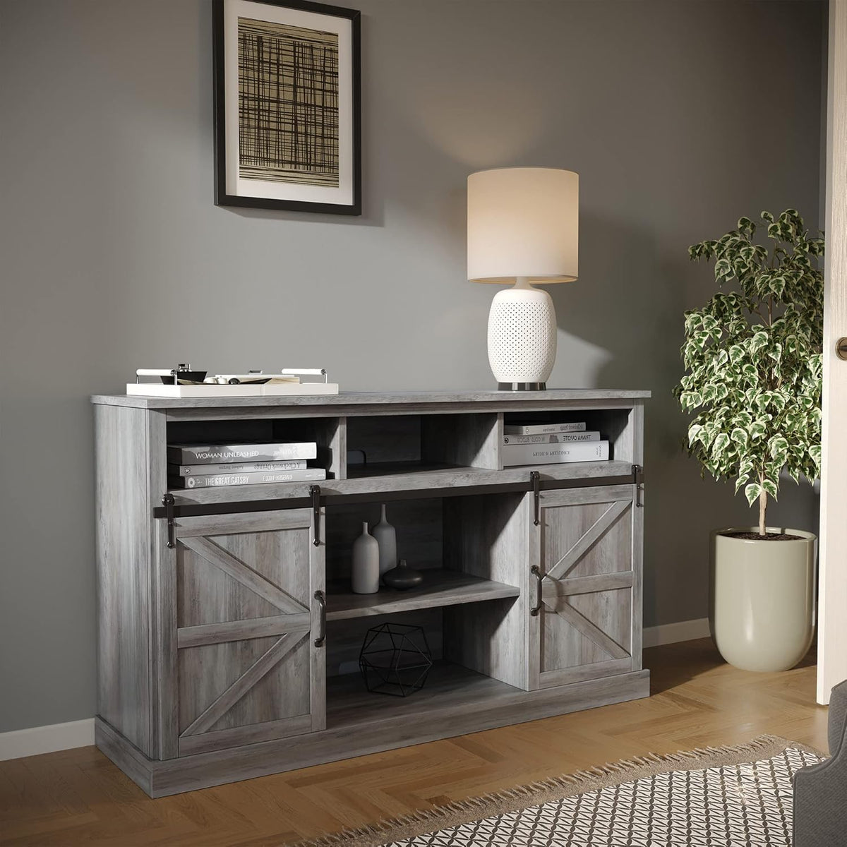 Modern 52 Inch Farmhouse Highboy TV Stand &amp; Media Entertainment Center Console Table for Tvs up to 55 Inch with Sliding Barn Door and Storage Cabinets - Parker (Gray Wash)