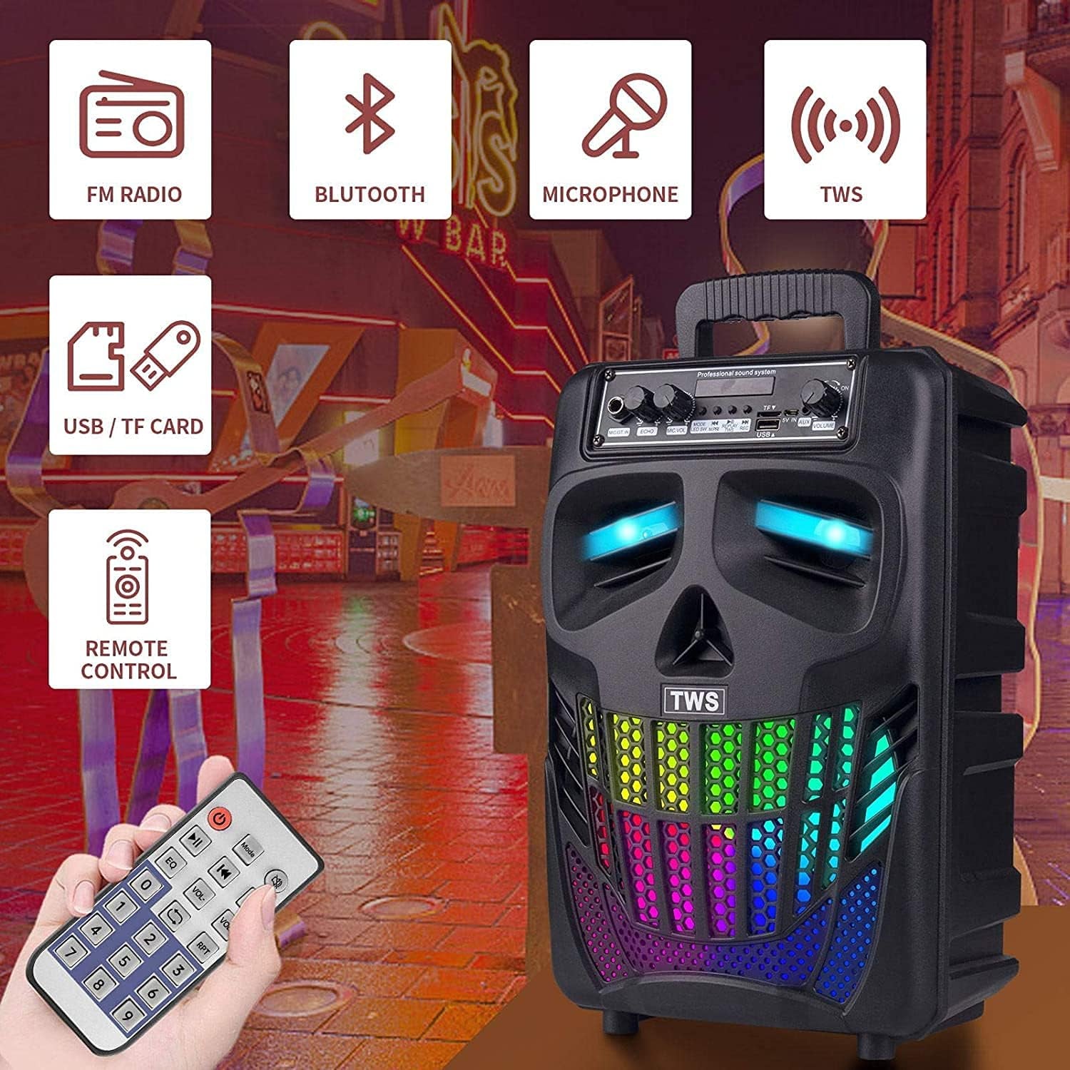 Portable Bluetooth Speaker with Subwoofer Wireless Speakers Outdoor/Indoor Big Support Remote Control FM Radio TF Card LED Lights MP3 Player Party for Home Camping Iphone Computer PC (B-S08)