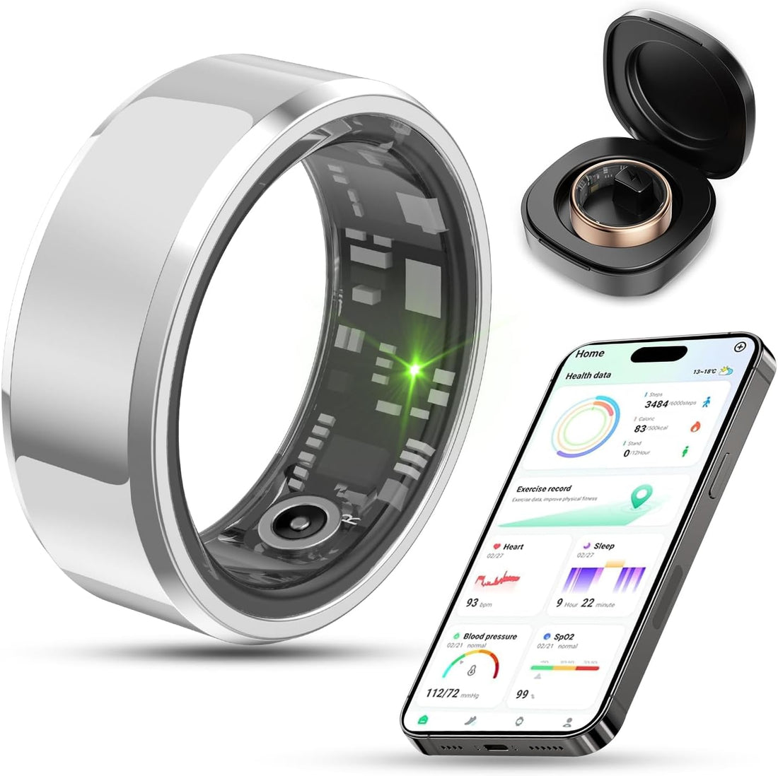 2025 Upgrade Smart Ring Health Tracker for Men Women - IP68 Waterproof Fitness Ring with Sleep Tracker/Heart Rate/Blood Oxygen/Steps/Distance/Calories,Air Shutter,Charging Case up to 7-Day, Silver 