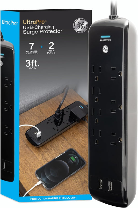 Pro 7-Outlet Sur Protector, 2 USB Ports, 3 Ft Extension Cord, 1780 Joules, 2.1 AMP/10 Watt, 3 Adapter Spaced Outlets, Flat Plug, Wall Mount, Warranty, UL Listed, Black, 37054