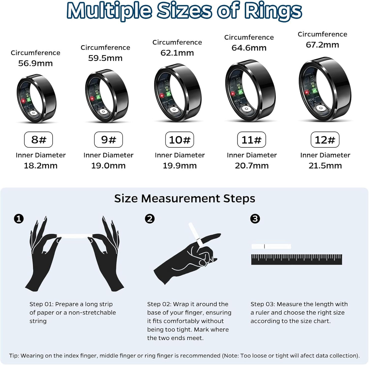 Smart Ring Health Tracker, Sleep Tracker Ring with Heart Rate, Waterproof Fitness Ring for Activity Monitoring/Steps/Distance/Calories, Air Gestures, up to 7-Day Battery, for Ios Android (Black,