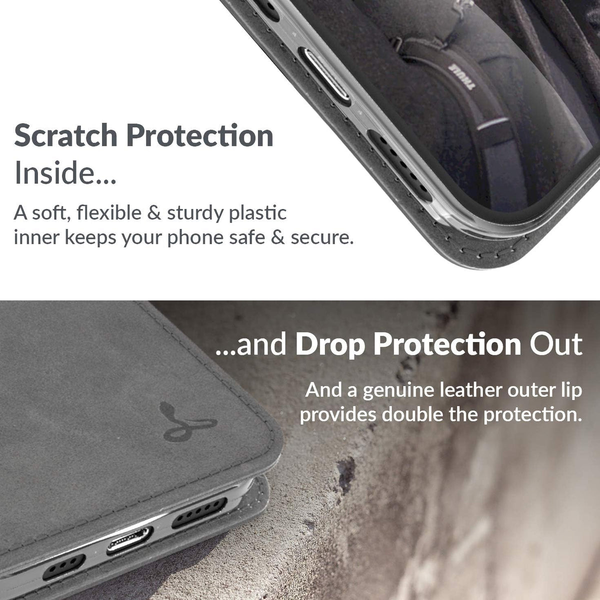 Leather Wallet for Iphone 12 || Genuine Leather Wallet Phone Case || Real Leather with Viewing Stand &amp; 3 Card Holder || Flip Folio Cover with Card Slot (Grey)