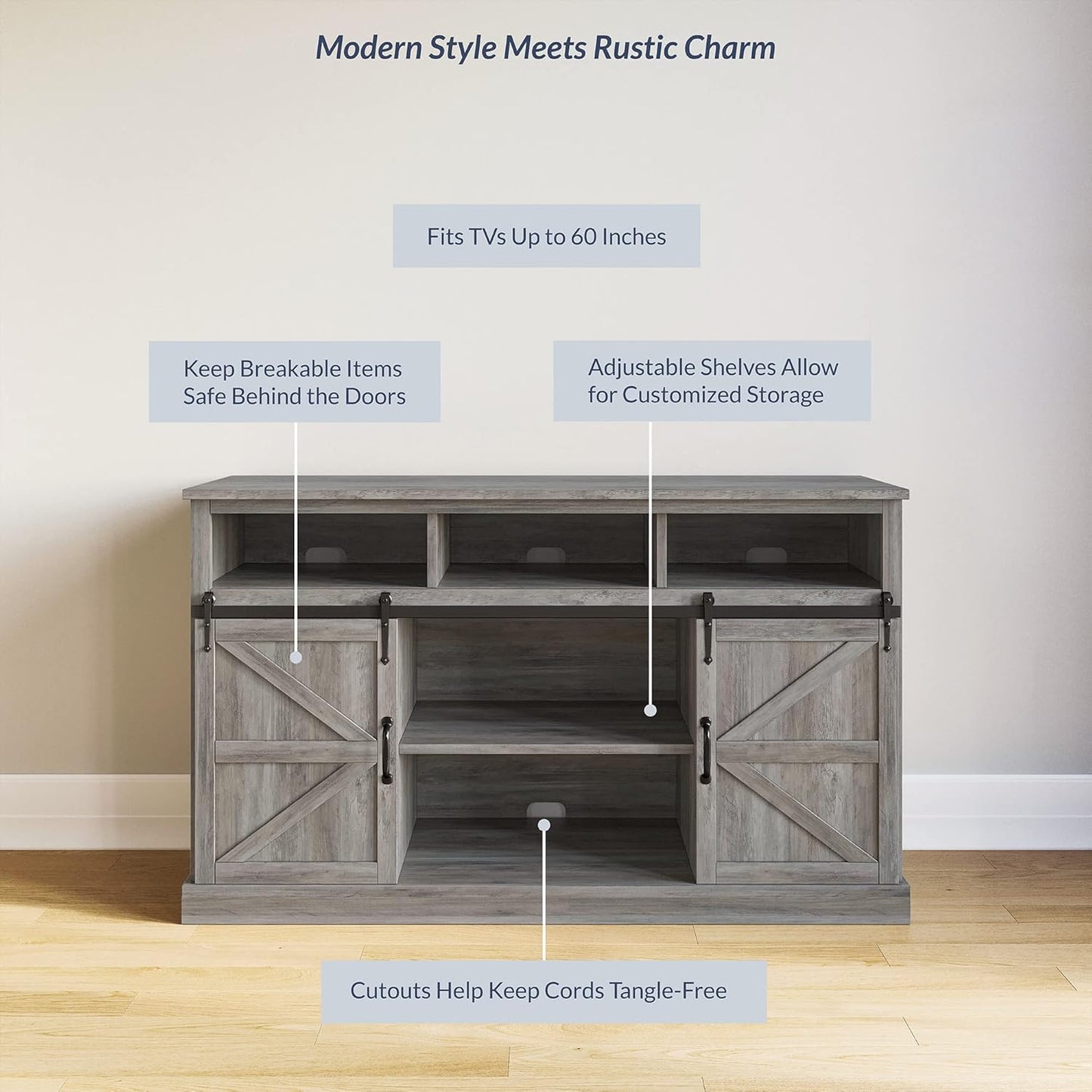 Modern 52 Inch Farmhouse Highboy TV Stand & Media Entertainment Center Console Table for Tvs up to 55 Inch with Sliding Barn Door and Storage Cabinets - Parker (Gray Wash)