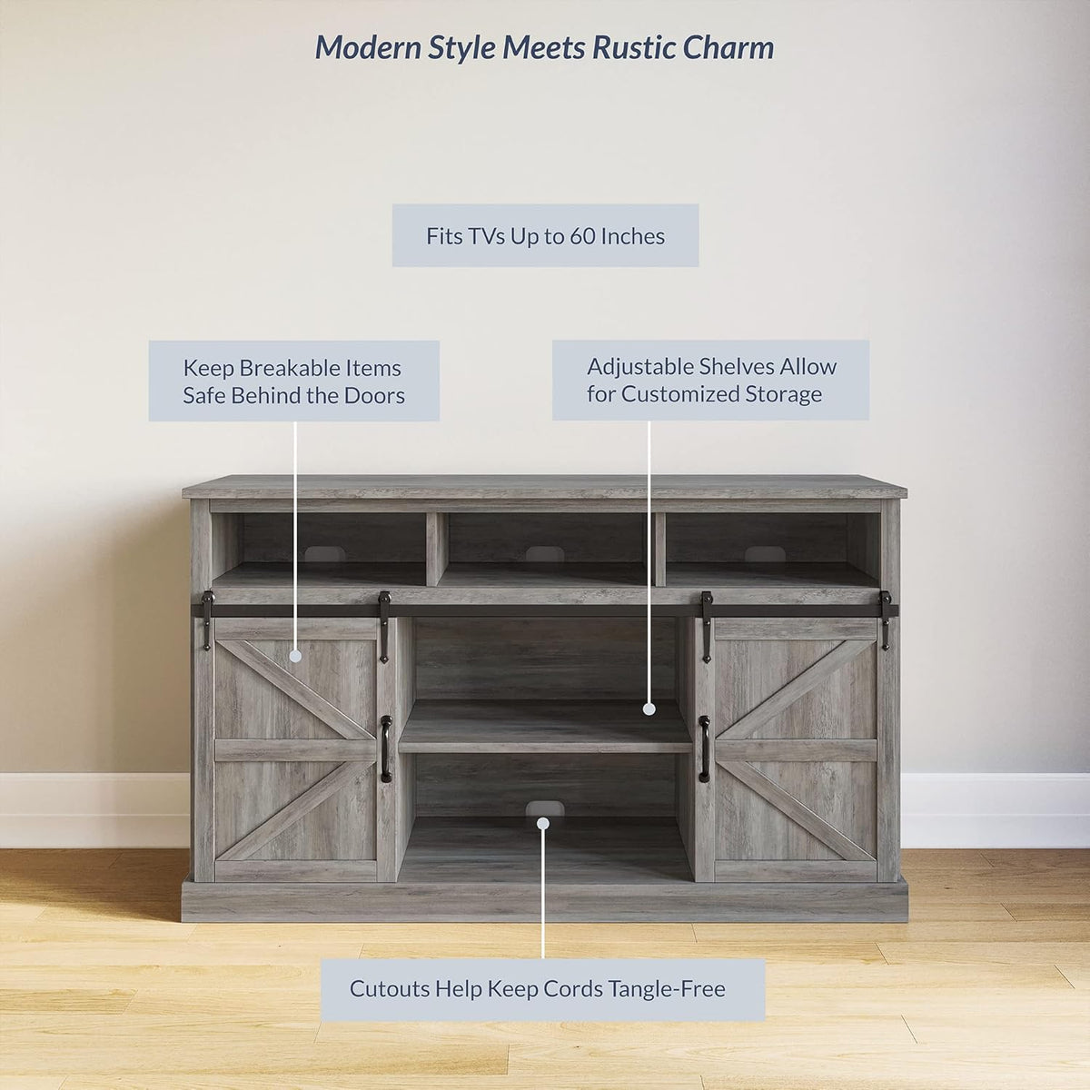 Modern 52 Inch Farmhouse Highboy TV Stand &amp; Media Entertainment Center Console Table for Tvs up to 55 Inch with Sliding Barn Door and Storage Cabinets - Parker (Gray Wash)