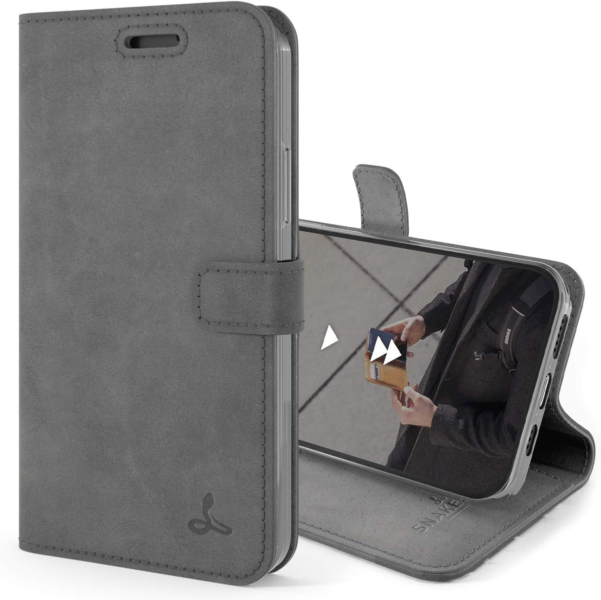 Leather Wallet for Iphone 12 || Genuine Leather Wallet Phone Case || Real Leather with Viewing Stand &amp; 3 Card Holder || Flip Folio Cover with Card Slot (Grey)