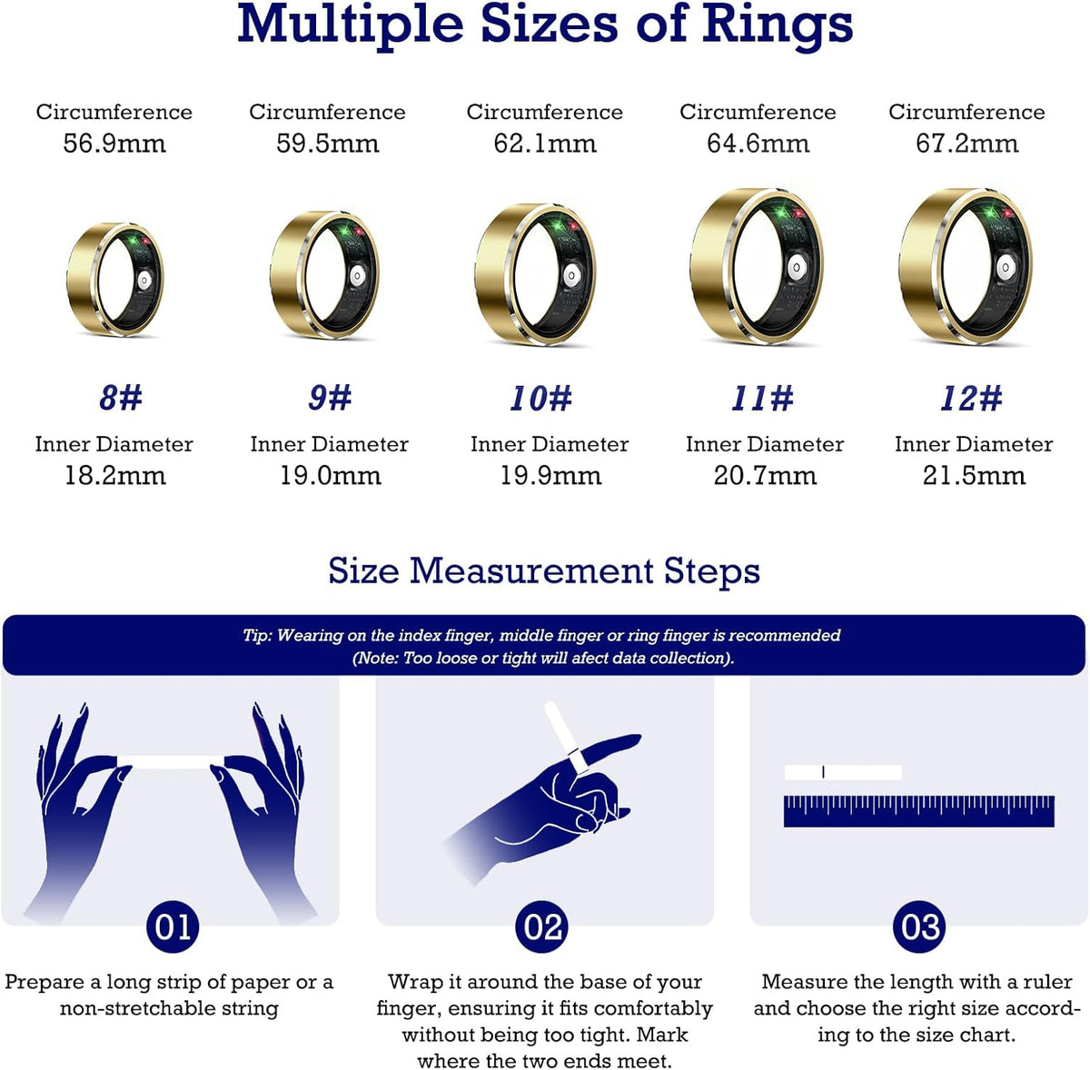 Smart Ring Health Tracker, Sleep Tracker Ring with Heart Rate, Waterproof Fitness Ring for Activity Monitoring/Steps/Distance/Calories,Air Gestures,Up to 7-Day Battery,For Ios Android (Light Gold,