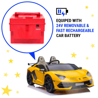24V Lamborghini Aventador W/ Swappable Battery - Electric Car for Kids with 3 Speeds, Leather Seat, Remote, MP3 Music by Bluetooth, FM Radio, Rubber Tires (Yellow)