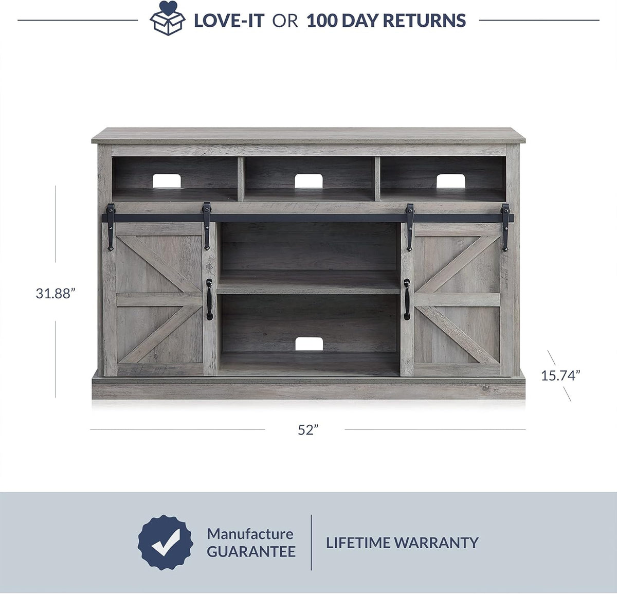 Modern 52 Inch Farmhouse Highboy TV Stand &amp; Media Entertainment Center Console Table for Tvs up to 55 Inch with Sliding Barn Door and Storage Cabinets - Parker (Gray Wash)